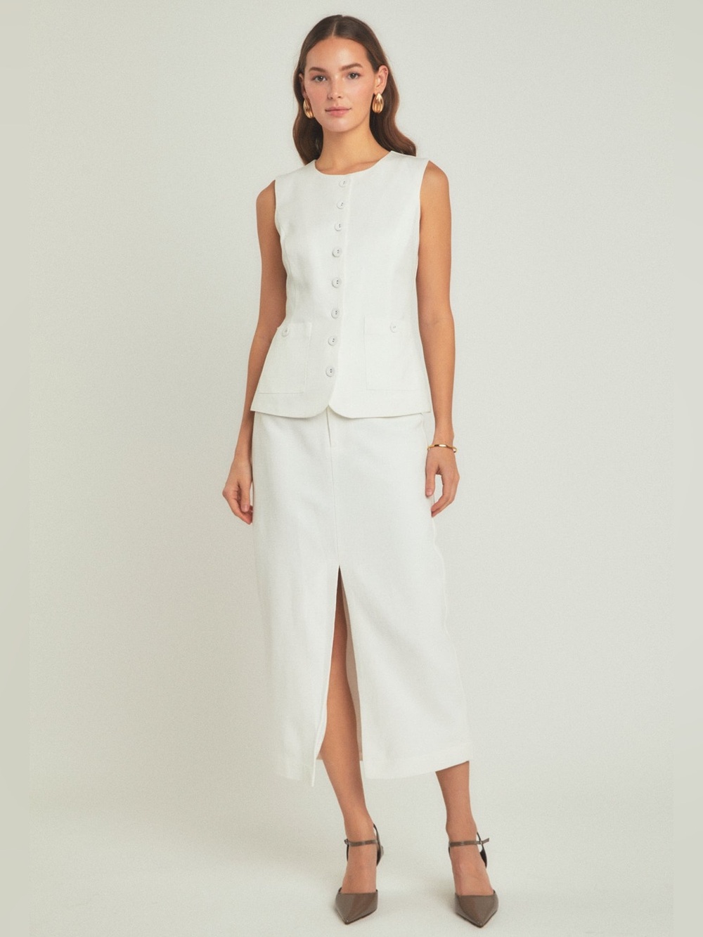 Endless Rose White Midi Skirt with Center Slit
